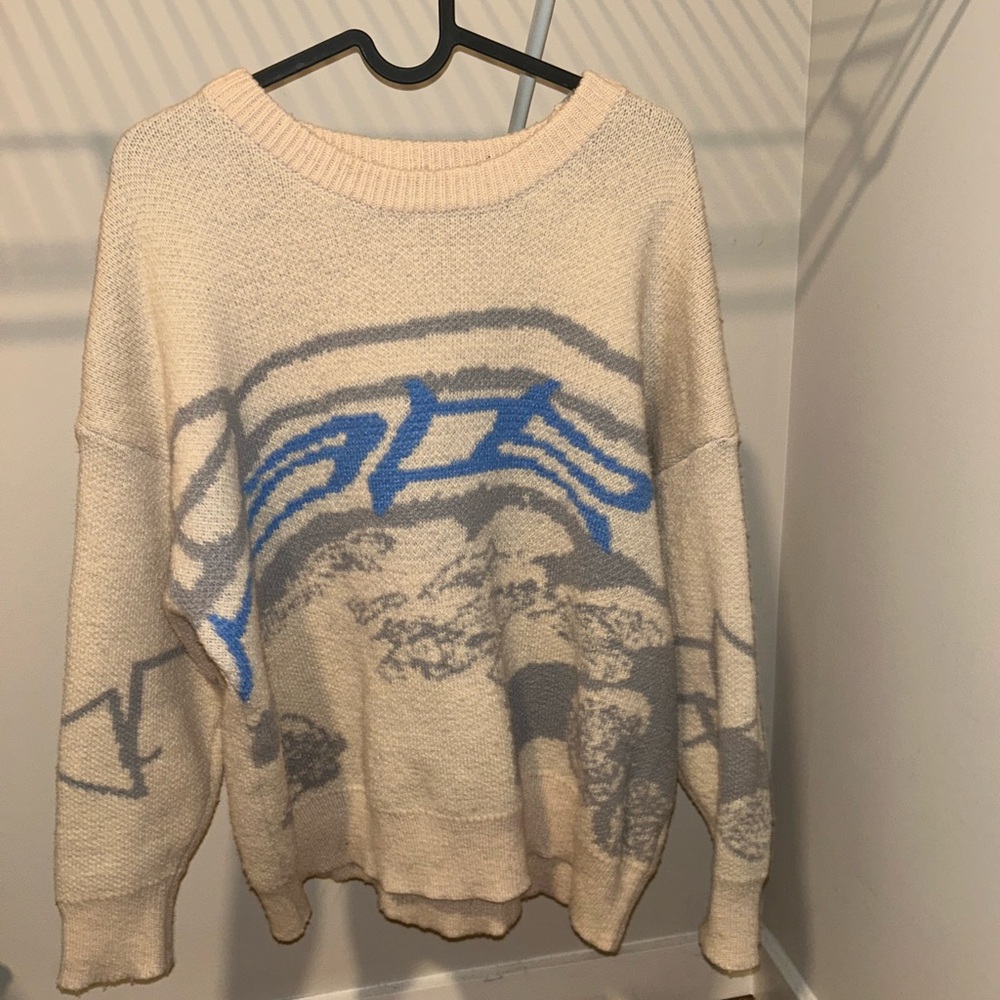 Cream and Blue Graphic Sweater